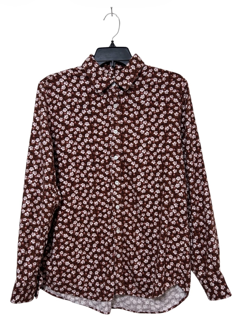 Lands' End Women Medium 10-12 Brown Floral Flannel Button Down Long Sleeve Shirt